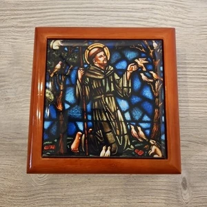 Saint Francis of Assisi Laquered Wood Trinket Keepsake Box Ivory Velvet Lining  - Picture 1 of 15