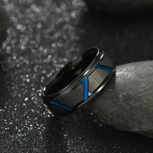 Anillo de diseño forrado azul carburo de tungsteno negro 8 mm con grabado GRATIS talla 8-14 - Imagen 1 de 10
