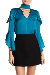 Madison & Berkeley Gigi Neck Ruffle Satin Top Emerald Green Blue V Neck Sz L - Picture 1 of 6