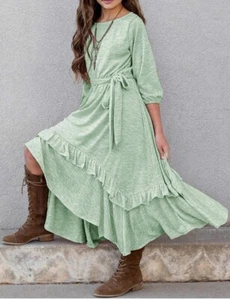 Ferlema Cute Girls Dress 3/4 Sleeve Tie Belt Ruffle With Pockets Size S Green - Picture 1 of 5