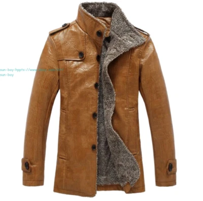 Men's Slim Fit Stand Collar Faux Leather Coat Winter Casual Fleece Jacket Warmer - Image 1 of 4