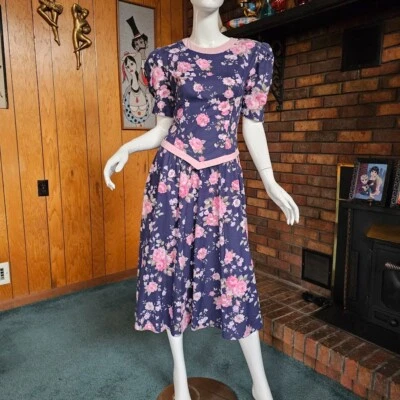 复古 80 年代浪漫英国玫瑰学院风花园派对 Coquette 全裙连衣裙 M/L — 第 1/4 张图片