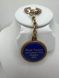 Vintage Pacific Telephone Gold Tone & Blue Keychain, Key Ring Holder 1973 - Picture 1 of 7