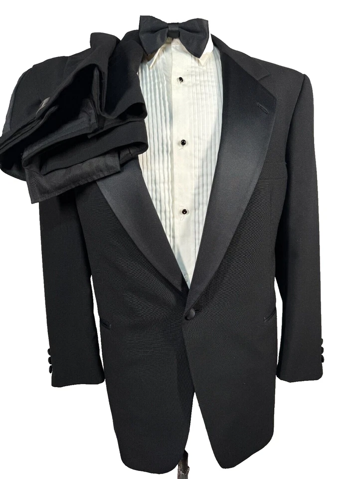 AFTER SIX Mens Black FORMAL TUXEDO TUX Pleated 2pc Suit 43S Jacket 39/28 Pant - Image 1 of 4