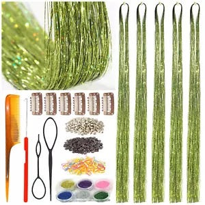 Green Hair Tinsel Fairy Hair Extensions Kit Sparkling Shiny Highlights Glitter F - Picture 1 of 6