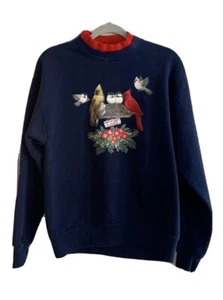 Vtg Whim Z Sweatshirt Womens Med Pullover Winter Birds Granny 90s Blue Red - Picture 1 of 10