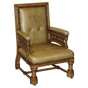 ORIGINAL VICTORIAN ENGLISH OAK HAND DYED LEATHER LIBRARY READING ARMCHAIR - Picture 1 of 17