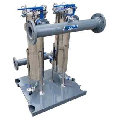 Patín de carcasa de filtro de doble bolsa PRM, 304 SS, entrada/salida de brida de 4", 150 PSI, tamaño #2 Foto 1 de 4