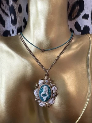 Betsey Johnson Vintage Sea Excursion Small Mermaid Cameo Teal Glitter Necklace - Image 1 of 4