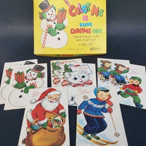 Menge 8 Vintage 60er Jahre Künstlerische Grüße Kiddie Color Me Weihnachtskarten & Box - Bild 1 von 4
