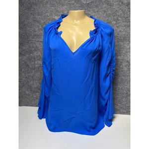 Kobi Halperin Silk Blouse Top Women's Medium Long Sleeve Ruffle V-Neck Blue - Picture 1 of 6