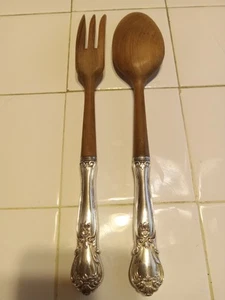 MADE IN FRANCE WEB WOOD & STERLING SILVER VINTAGE HANDLE SALAD FORK & SPOON - Picture 1 of 14