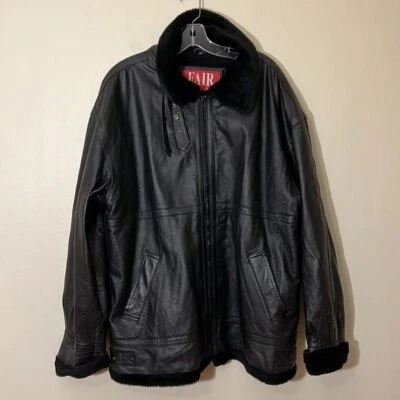 Fair Mens Jacket Coat Black Pockets Mock Neck Buckle Zipper fur Lined Leather XL - Image 1 of 4