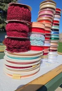 Lot Of 55 Vintage Spools Gift Wrap Ribbon & Lace Many Sizes 14 Colors USA - Picture 1 of 7