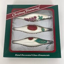 Vintage Christmas Trimmeries Long Tear Drop Glass Ornaments Set 3 White Bradford