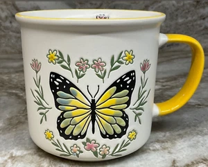 Large Coffee Mug Yellow Butterfly And Pink Flowers 17oz. Spectrum New - Picture 1 of 10