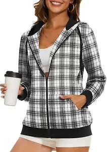 Anyally Women Full Zip Up Flannel Hoodie Comfy Drawstring Teen Girl Sweatshirt L - Picture 1 of 16