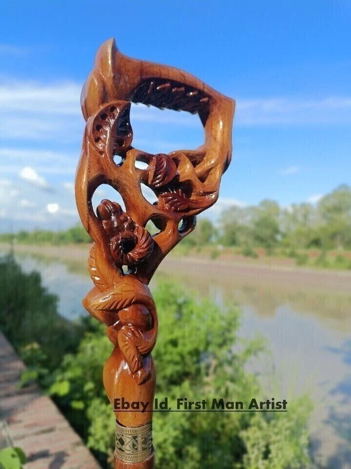 Ram 头手柄手杖木制手工雕刻动物甘蔗风格男士礼物 — 第 1/4 张图片