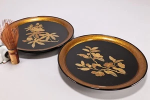 Japanese Lacquer Pair of Wooden Tray Dish 8.86inch Gold Floral Makie Meiji Era 2 - Picture 1 of 13