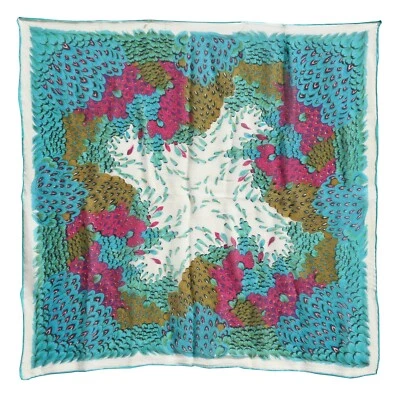 Bufanda vintage de seda de gasa con estampado de plumas de pájaro azul rosa caprichoso cuadrado de pavo real Foto 1 de 4