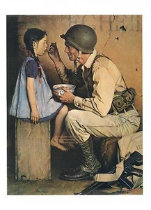 "Norman Rockwell Estampado Segunda Guerra Mundial: "THE AMERICAN WAY"" compasivo GI alimenta niña 11x15" - Imagen 1 de 1