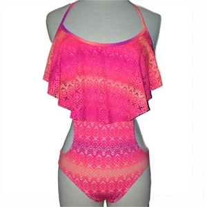 One Piece Y2K Monokini Swimsuit Pink Purple & Orange Ombre w/ Flouncy Trim - Sml - Picture 1 of 9