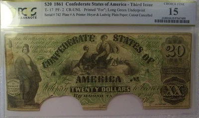1861 PCGS Choice F15 CONFEDERATE STATES OF AMERICA $20 Note T17 - Image 1 of 2