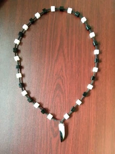 Beautiful black and white square necklace with tiger tooth pendant - Picture 1 of 2