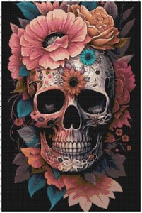 Grafico punti croce fatti a mano fiori colorati e cranio contati a mano motivo - Foto 1 di 1