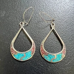 Orecchini pendenti vintage turchese intarsiato nativi americani argento sterling 925 - Foto 1 di 7
