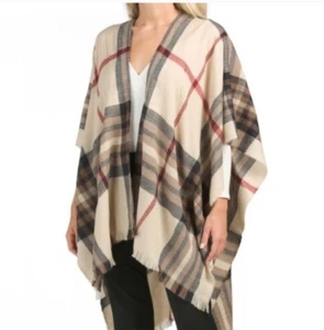 Fraas Cashmink PONCHO SHAWL Camel Tan Tartan Check Vegan Cashmere Alternative - Picture 1 of 6
