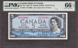Canada 1954 $5 Coyne/Towers BC-31a Prefix B/C Devil's Face GEM UNC PMG 66 EPQ - Picture 1 of 2