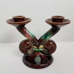 Steatit Osterr Edeleramik Brown/Blue Glazed Australian Double Candle Stick VTG - Picture 1 of 12
