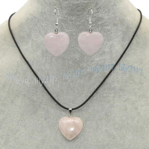 20mm Natural Pink Rose Quartz Heart Pendant Necklace Earrings Black Leather Rope - Picture 1 of 10
