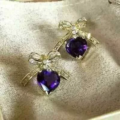 4Ct Heart Cut Simulated Purple Amethyst Women Stud Earrings 14K Yellow Gold Over - Image 1 of 4