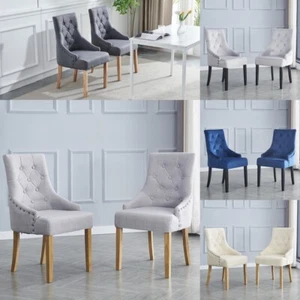 2x Fabric PU Leather Dining Chairs Button-Tufted Upholstered Wood Legs Armchairs - Picture 1 of 42