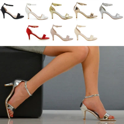 Womens Low Heel Stiletto Sandals Ladies Peep Toe Party Prom Ankle Strap Shoes - Image 1 of 4