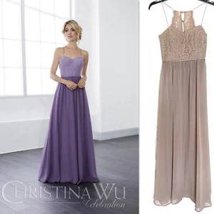 CHRISTINA WU CELEBRATIONS 22815 Taupe Lace Bodice Chiffon Maxi Gown Bridesmaid 2 - Picture 1 of 8