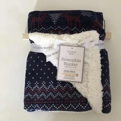 NUEVA Manta Bebé Moderna Azul Patrón Vacacional Reversible Sherpa Acogedora Cálida Foto 1 de 4