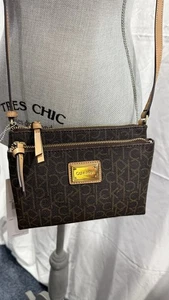 Calvin Klein Crossbody Bag Monogram Print Chain Strap Double Zip M 8x8 - Picture 1 of 8