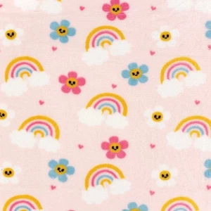 Double Sided Cuddle Soft Fleece Fabric Material RAINBOWS AND FLOWERS PINK - Picture 1 of 4