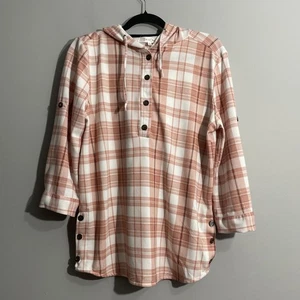 Eden & Olivia Women’s Shacket Large Pink Plaid Hooded Button Casual Layering - Picture 1 of 15