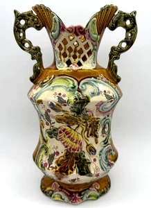 c.1900 Antike Majolika 12" Floral durchbrochene Netzvase #132 grün braun - Bild 1 von 8