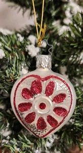 Old World Christmas Glass Blown Christmas Ornament Silver Heart Red Rhinestone - Picture 1 of 5
