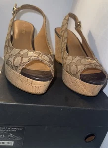Coach Ferry Signature Logo Wedges Women’s Peep Toes Size 10M Khaki - Picture 1 of 12