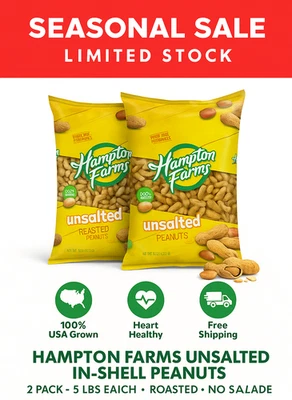 2 PACK Hampton Farms Unsalted Roasted In-Shell Peanuts 10 lbs USA Grown. - Image 1 of 3