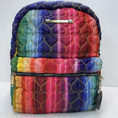 BETSEY JOHNSON Backpack Rainbow Quilted Heart Pattern And Bag Charm Rose Liner - Image 1 of 4