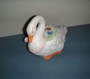 Vintage Ceramic Goose Duck Animal Red Blue Roses Flowers Pink Bow Made Taiwan - Picture 1 of 9