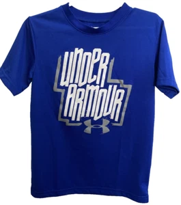 Under Armour Blue Heatgear T-Shirt Size 5 Logo Graphic Front Short Sleeve Poly - Picture 1 of 11