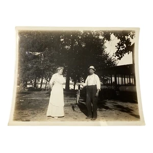 Vintage B&W Photo Grandpa Holding Fish Grandma By Lake Old Man Woman - Picture 1 of 9